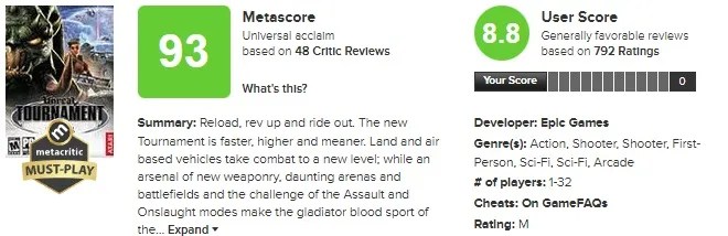 unreal tournament 2004 metacritic score
