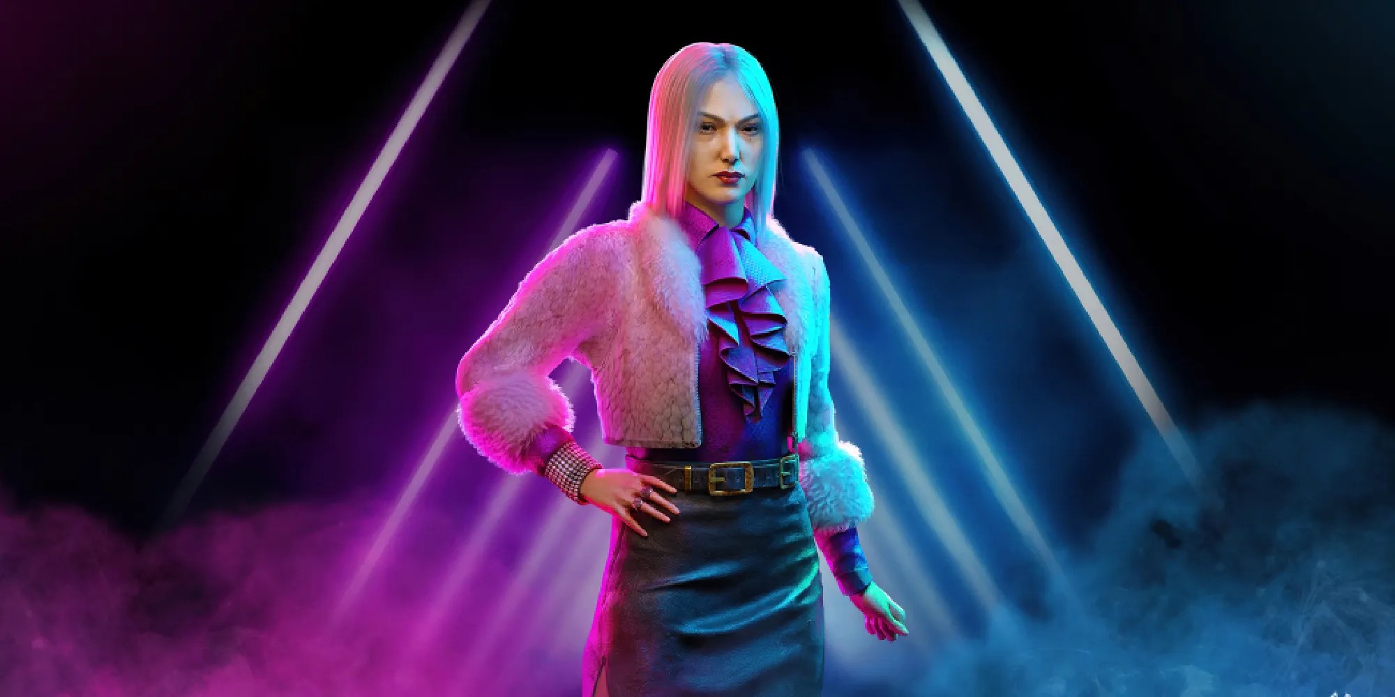 Yun-Jin Lee stands in front of a background of stage lights, dying the fog in their neon hues