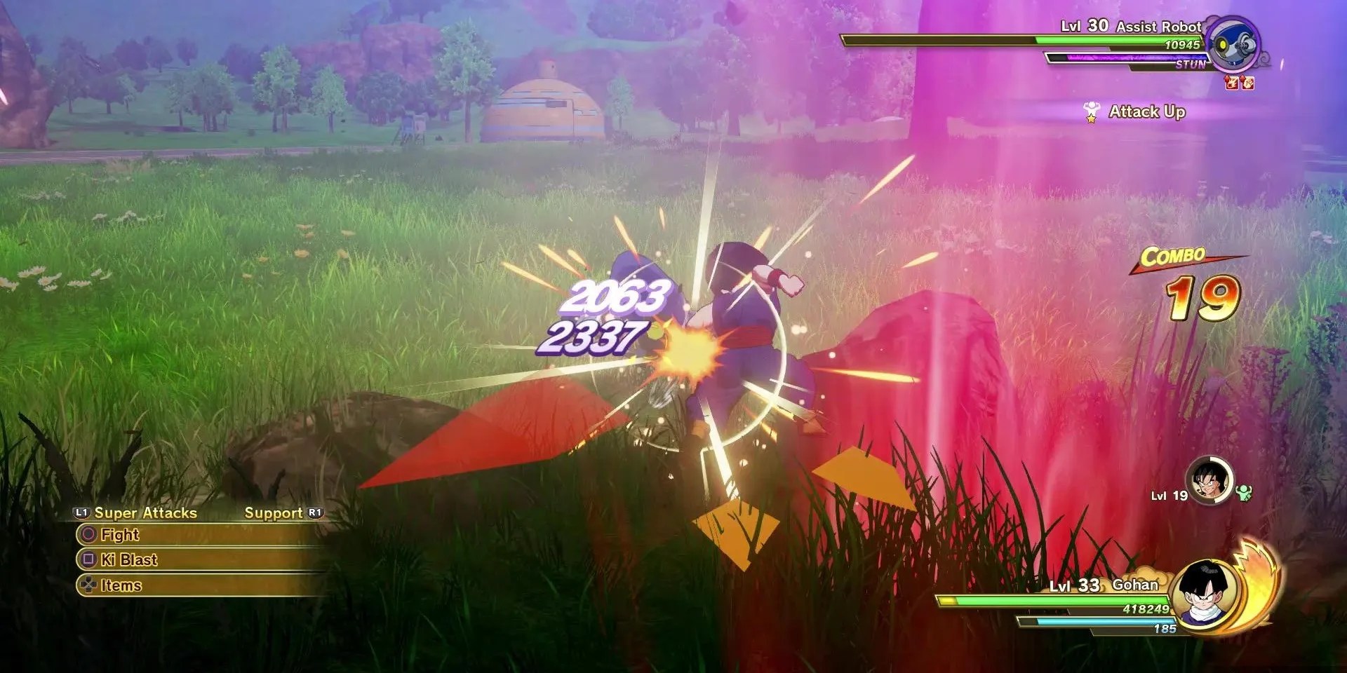 Gohan fighting robots in DBZ Kakarot