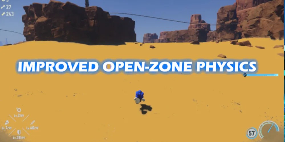 Sonic running through a desert. The text reads: &ldquo;Improved Open Zone Physics.&rdquo; Image Source: gamebanana.com