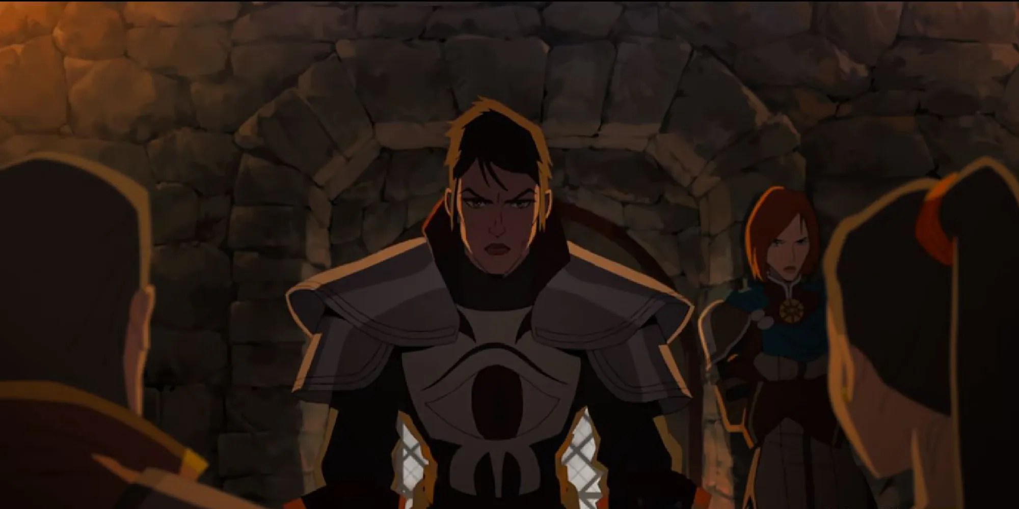 Cassandra addressing Fairbanks and Hira, Leliana silent and surly in the background.