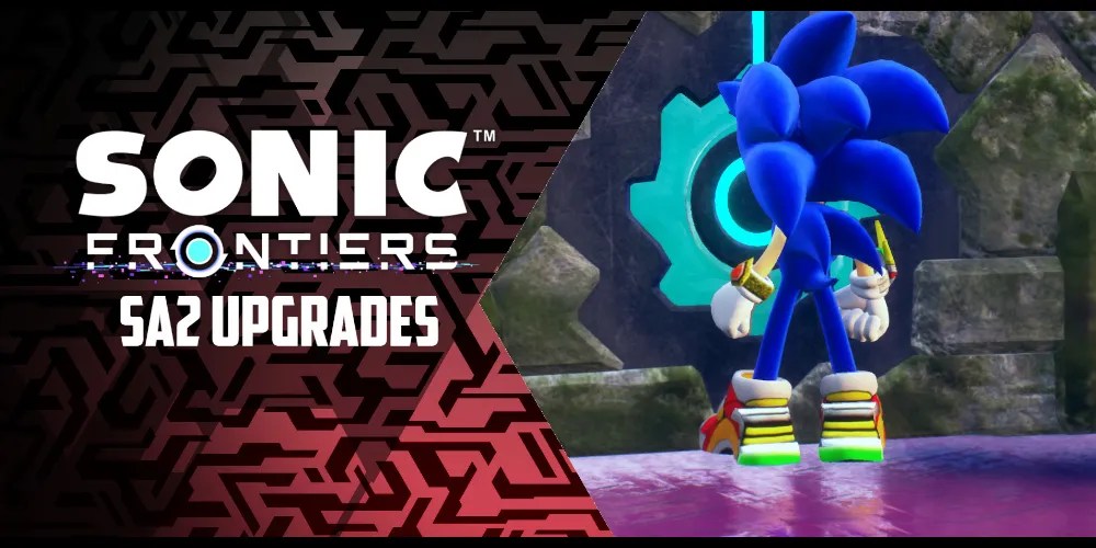A back view of Sonic in his Sonic Adventure 2 gear. The text reads &ldquo;Sonic Frontiers SA2 Upgrades.&rdquo; Image source: gamebanana.com