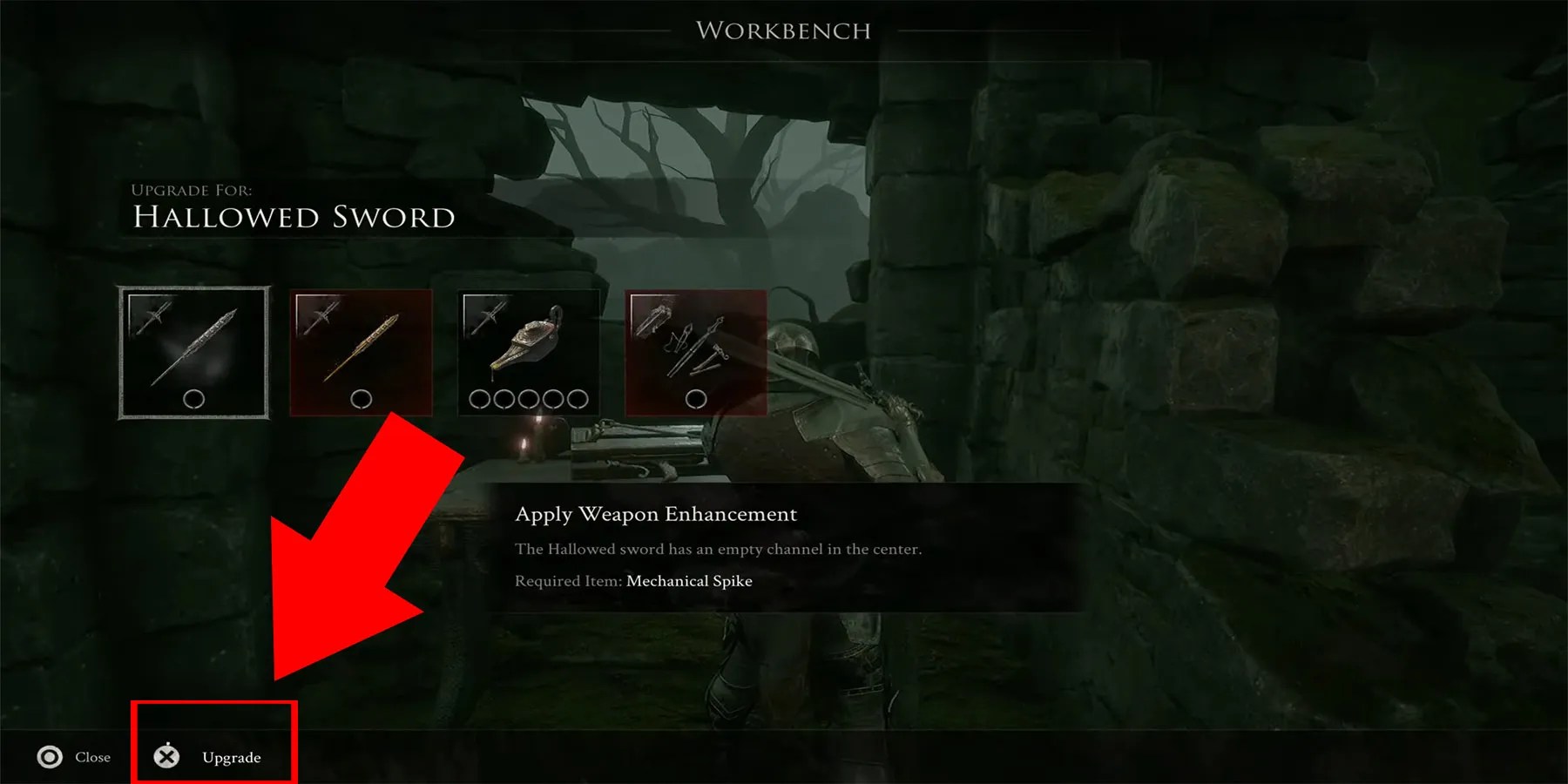 image showing how to level up weapons in mortal shell.