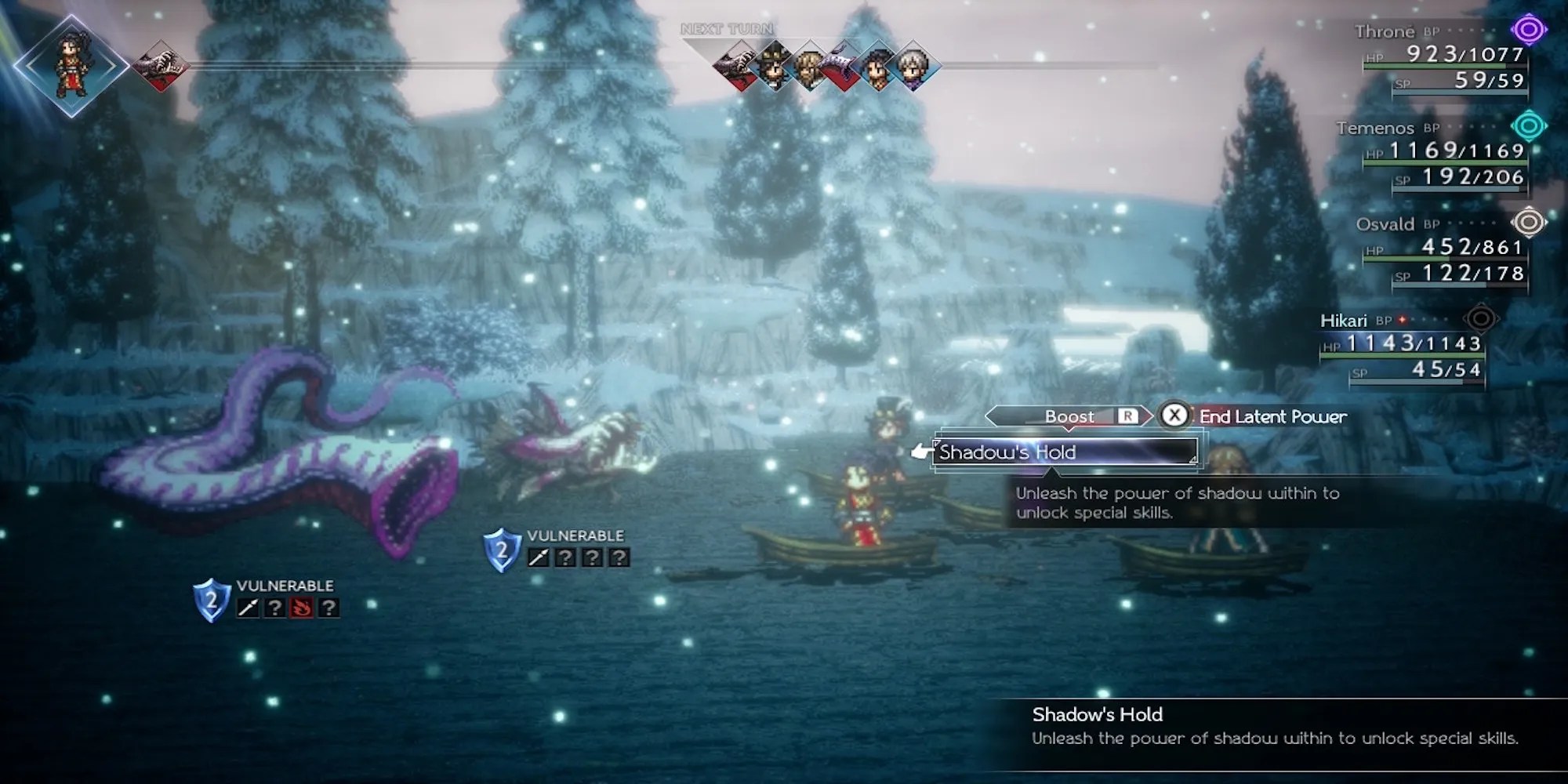 Hikari activating their Latent Power in battle in Octopath Traveler 2
