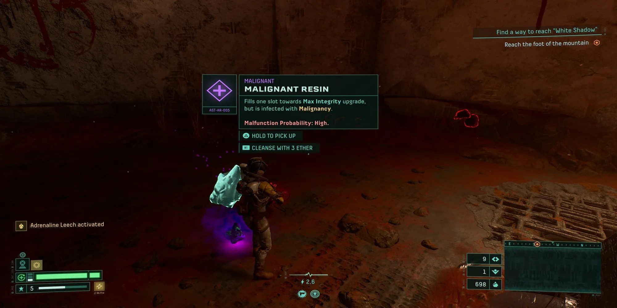 Selene standing next to a Malignant Resin in Returnal.