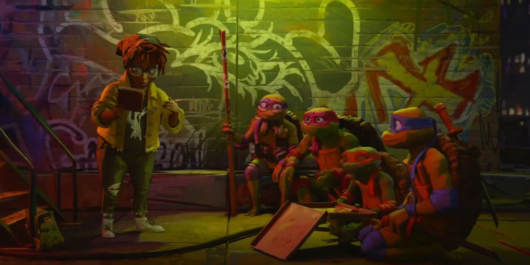 April with Teenage Mutant Ninja Turtles sitting eating pizza in TNMT: Mutant Mayhem