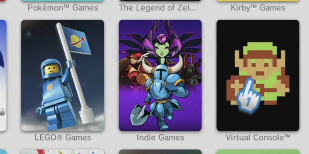 From left to right: LEGO Spaceman for LEGO games, Shovel Knight for Indie Games, NES Link, pixelated, for the Virtual Console, with the Wii Remote pointer hand on top. Image source: Jacob R on YouTube.