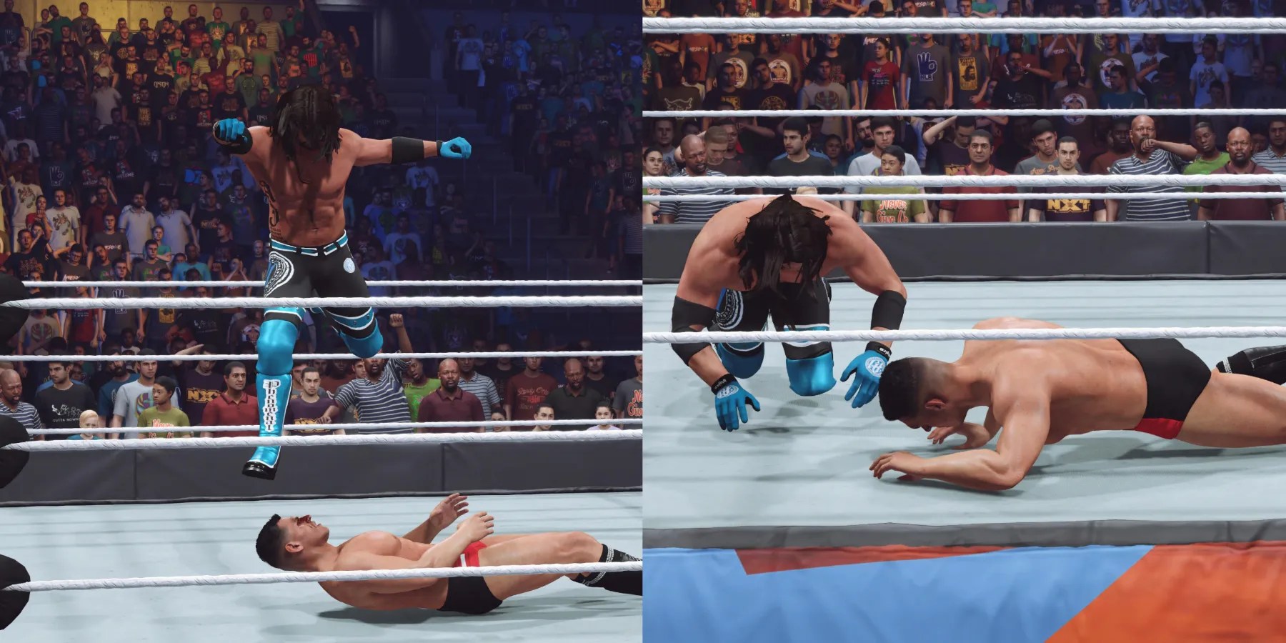 WWE 2K23 Gunther rolling out of the way from AJ&rsquo;s attack