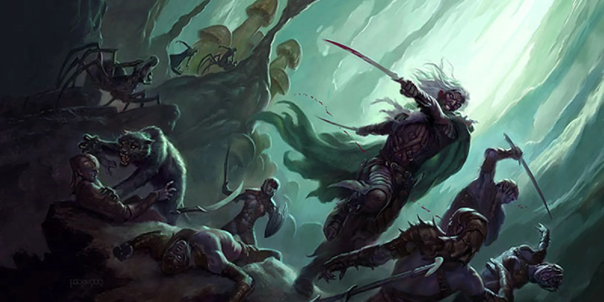 Legendary Drow Drizzt fighting off hordes of enemies.