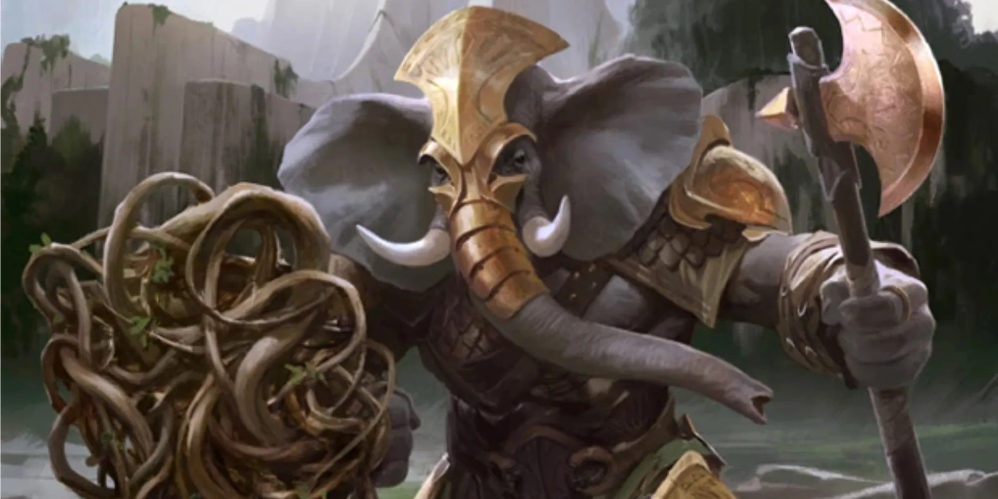 Selesnya_Sentry by Wesley Burt Loxodon with Axe and root shield D&amp;D