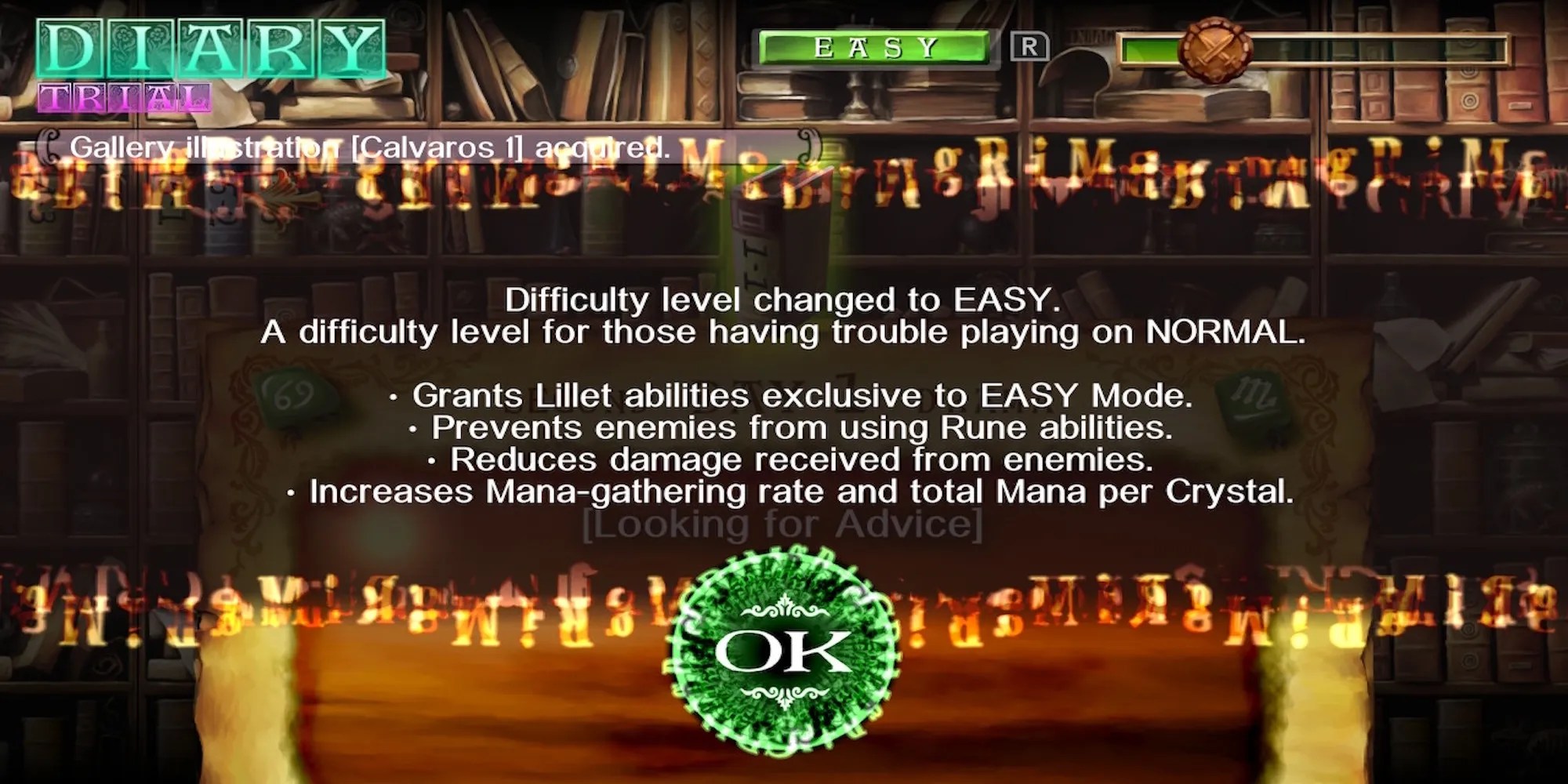 The difficulty menu in GrimGrimoire OnceMore