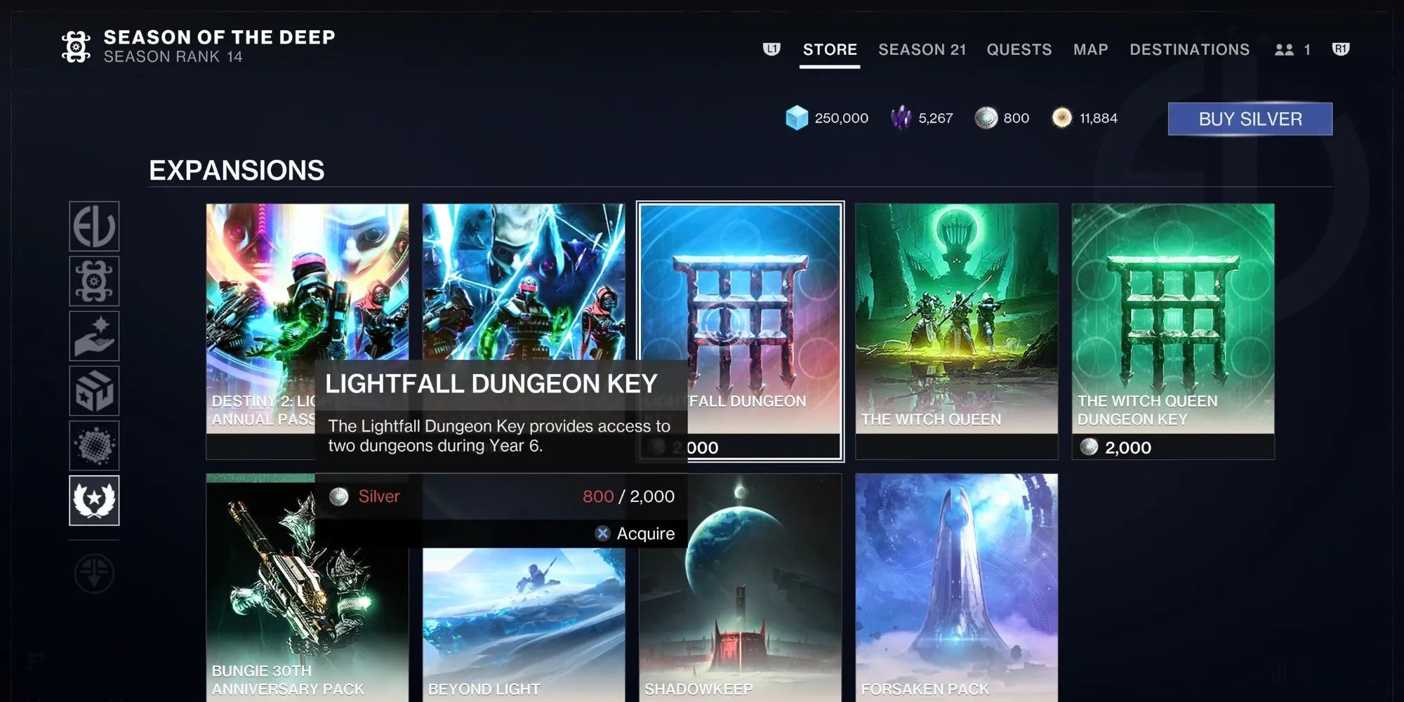 A player buying the Lightfall Dungeon Key in Destiny 2