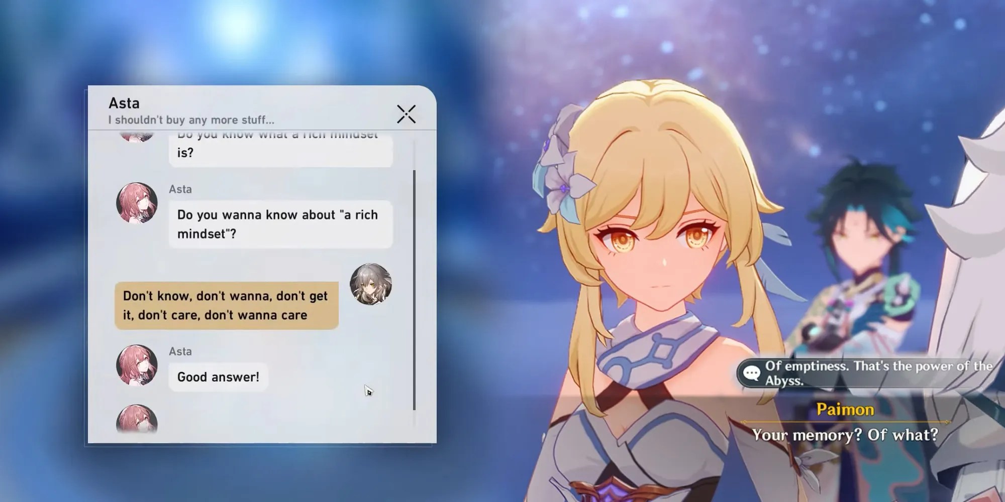 Honkai Star Rail and Genshin Impact - Trailblazer Funny In Text While Traveler Says Something A Goth Kid In A Sitcom Would Say