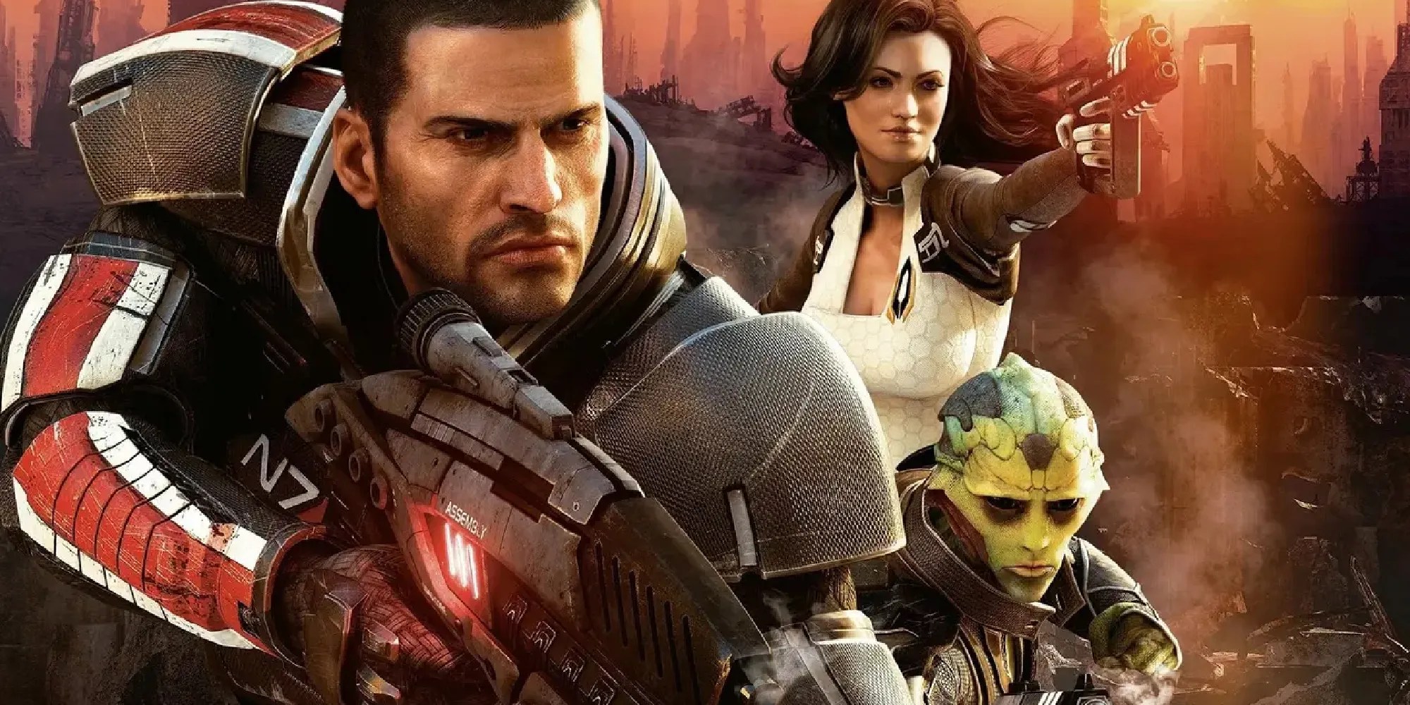 Commander Shepard, Miranda and Thane all in action-ready poses.