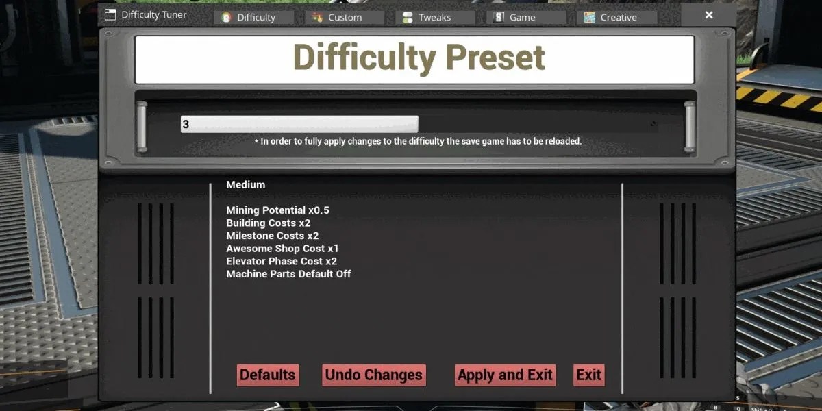 The Difficulty Preset menu in the Difficulty Tuner Satisfactory mod