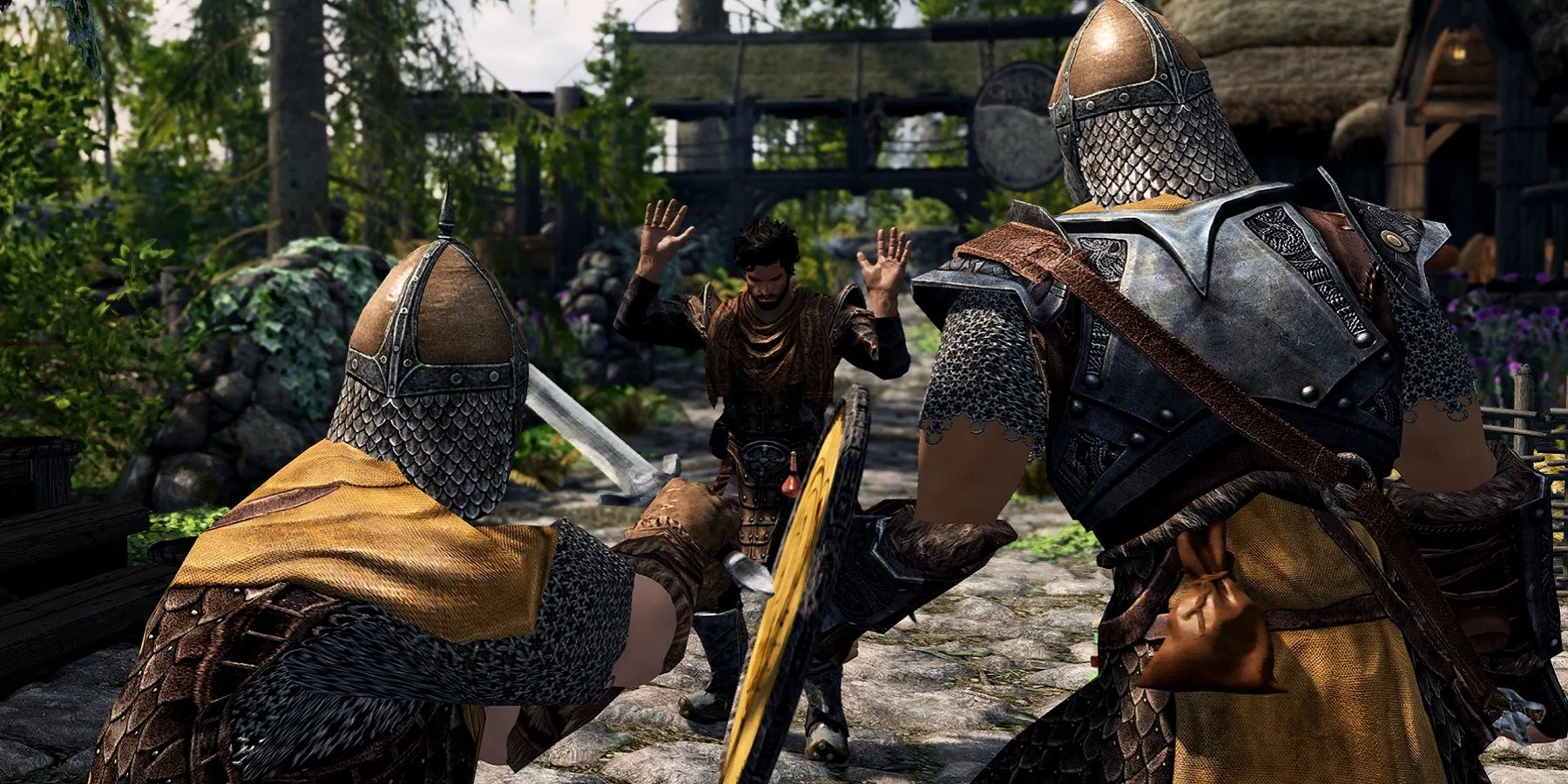 Image from Skyrim showing guards about to arrest an NPC.
