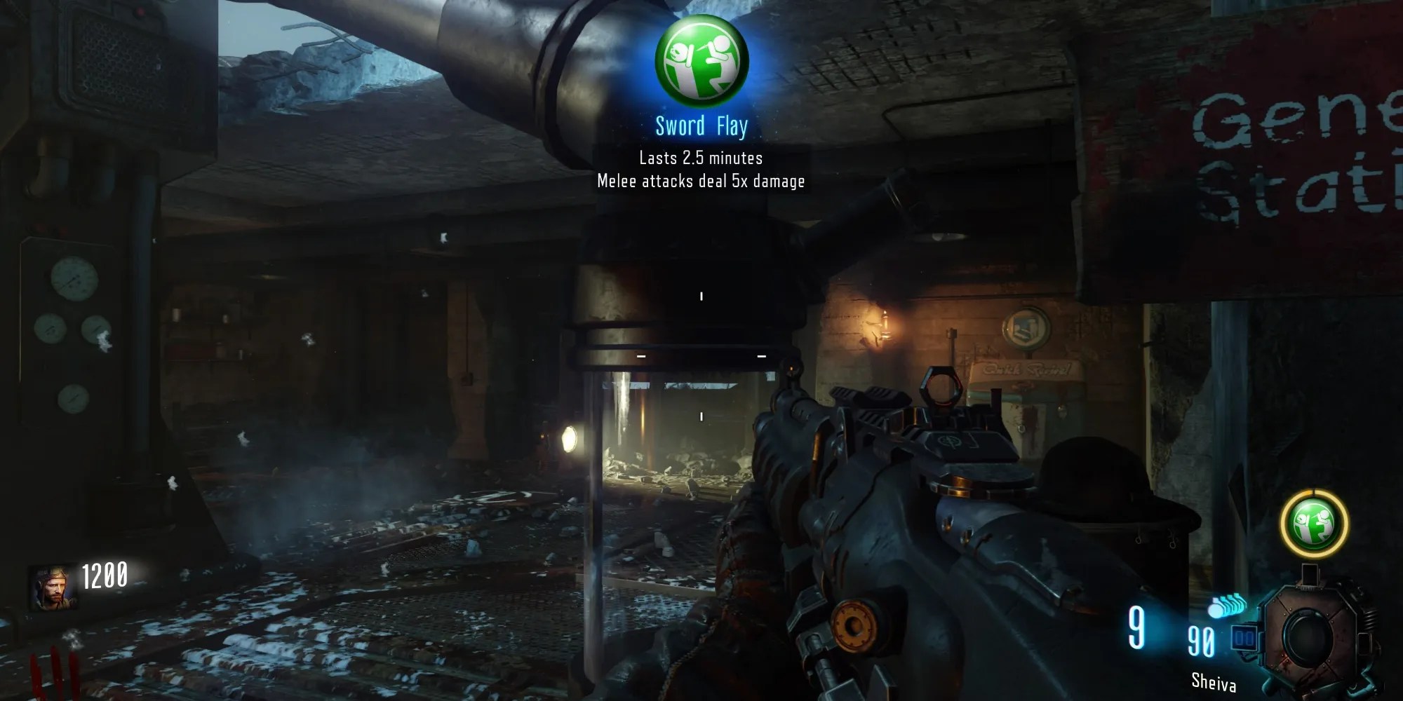 Gameplay from Call Of Duty: Black Ops Zombie mode, showing the player has used a Sword Flay Gobblegum