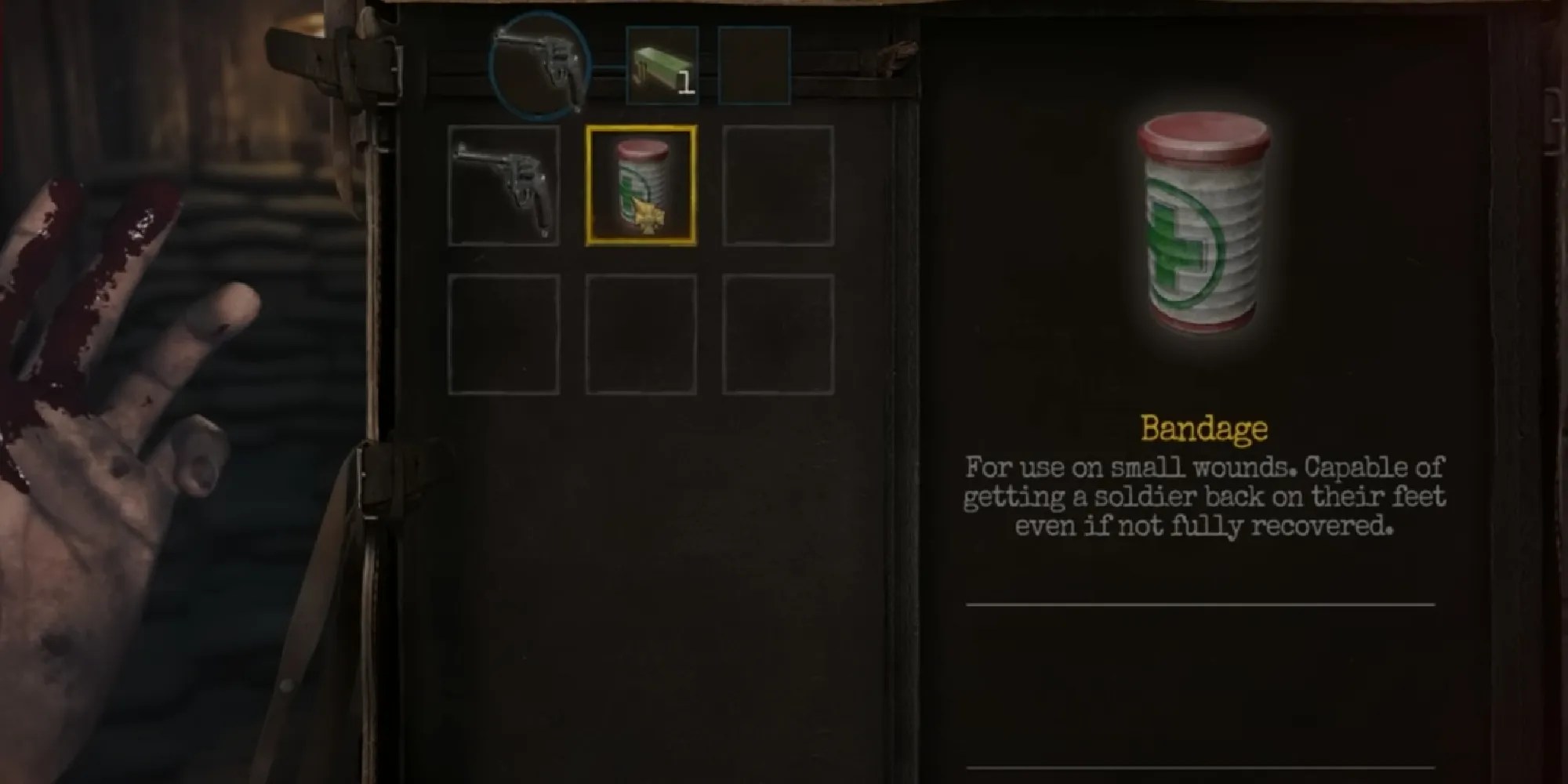 Inventory menu showing the crafted bandages used to treat injuries.