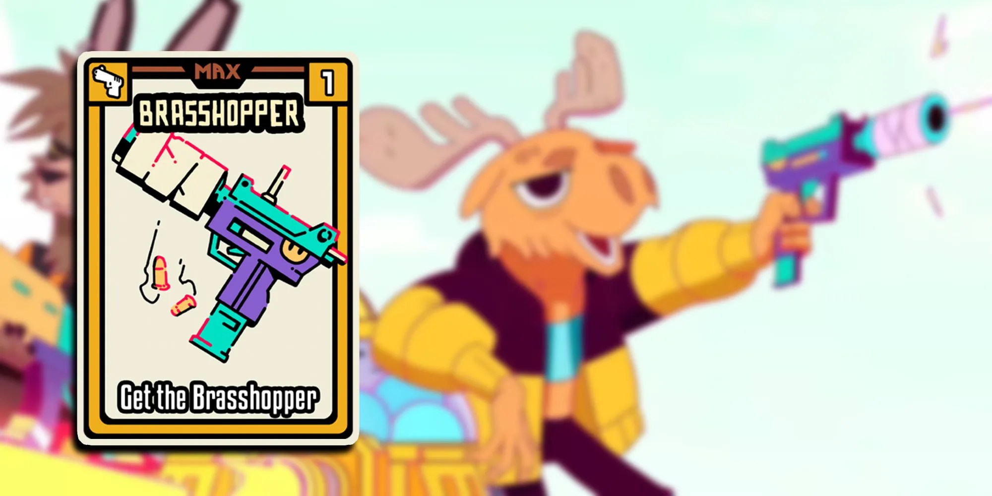 Friends Vs Friends - Screencap From Game Intro Musical Number Showing Moose Character Firing Brasshopper While Smiling