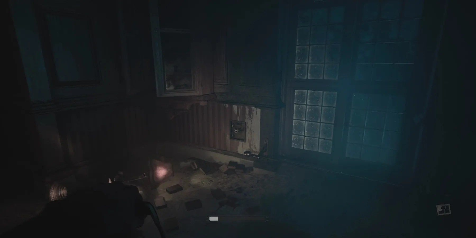 A dilapidated room that appears to be upside down.