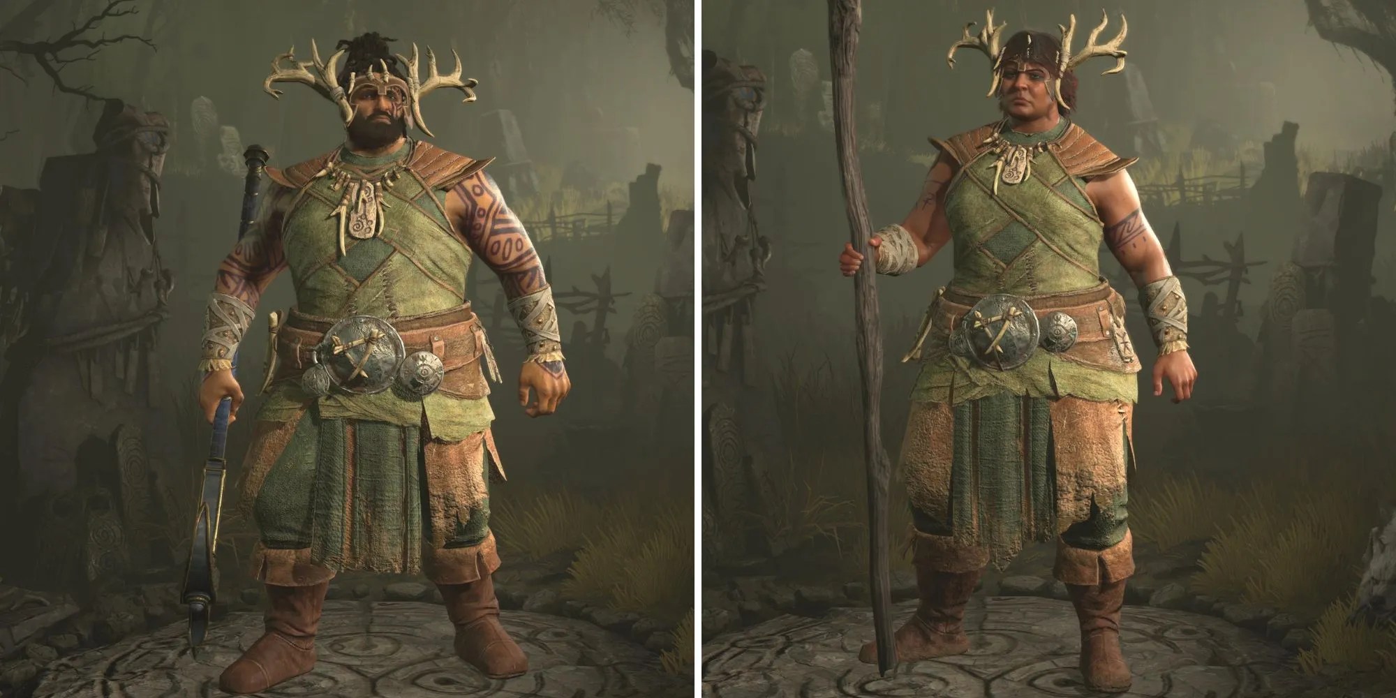 A male and a female Druid in the Strider armor set in Diablo 4