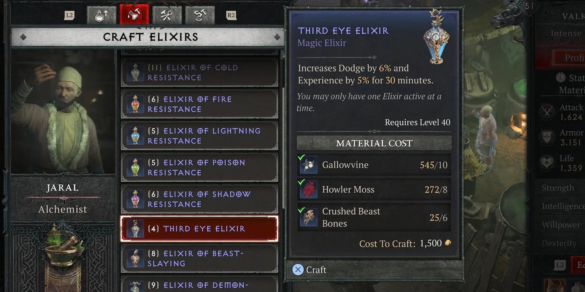 A player looking at the Third Eye Elixir at the Alchemist in Diablo 4