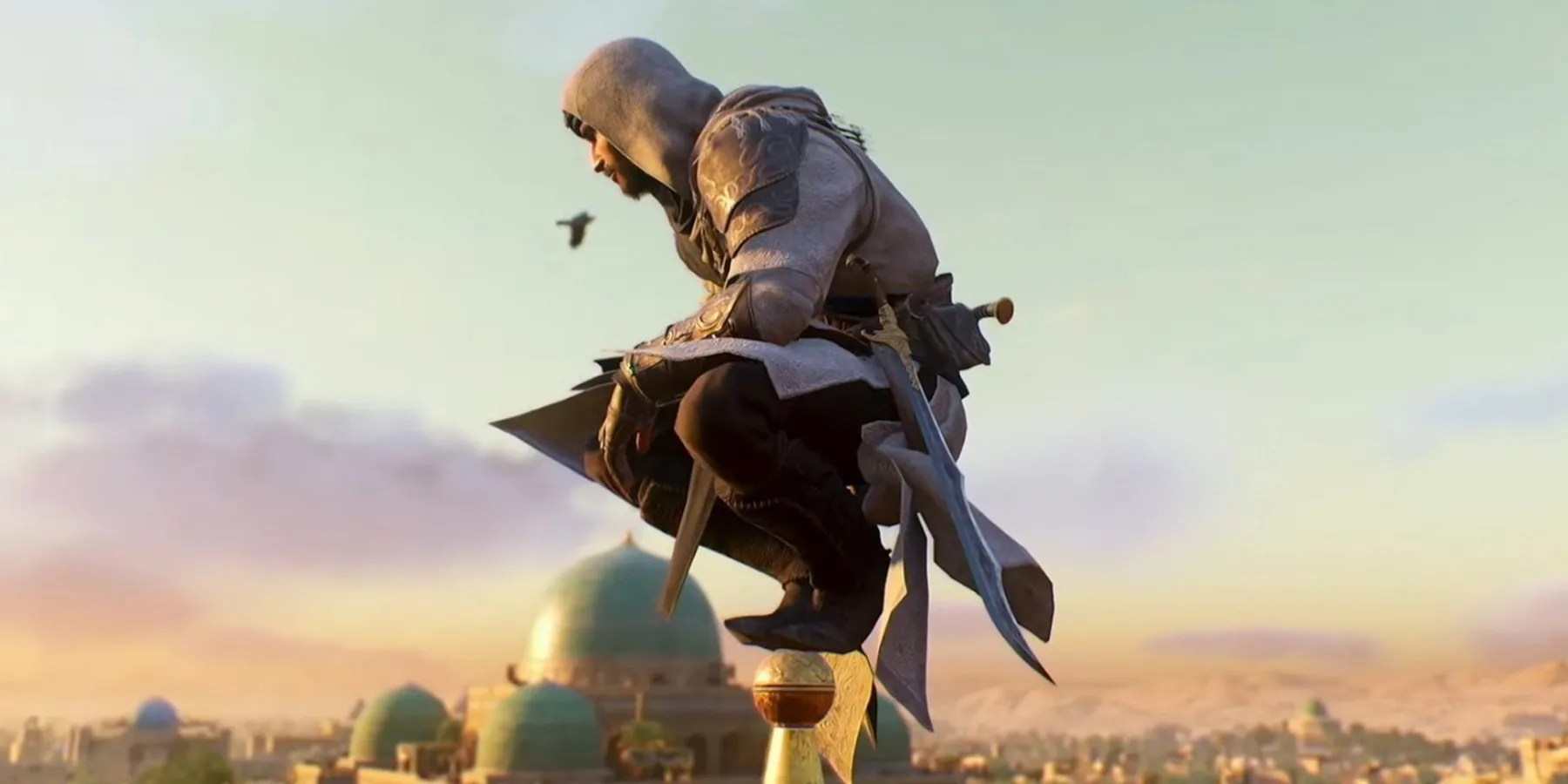 Basim Ibn Ishaq perched on a Baghdad building in Assassin&rsquo;s Creed Mirage