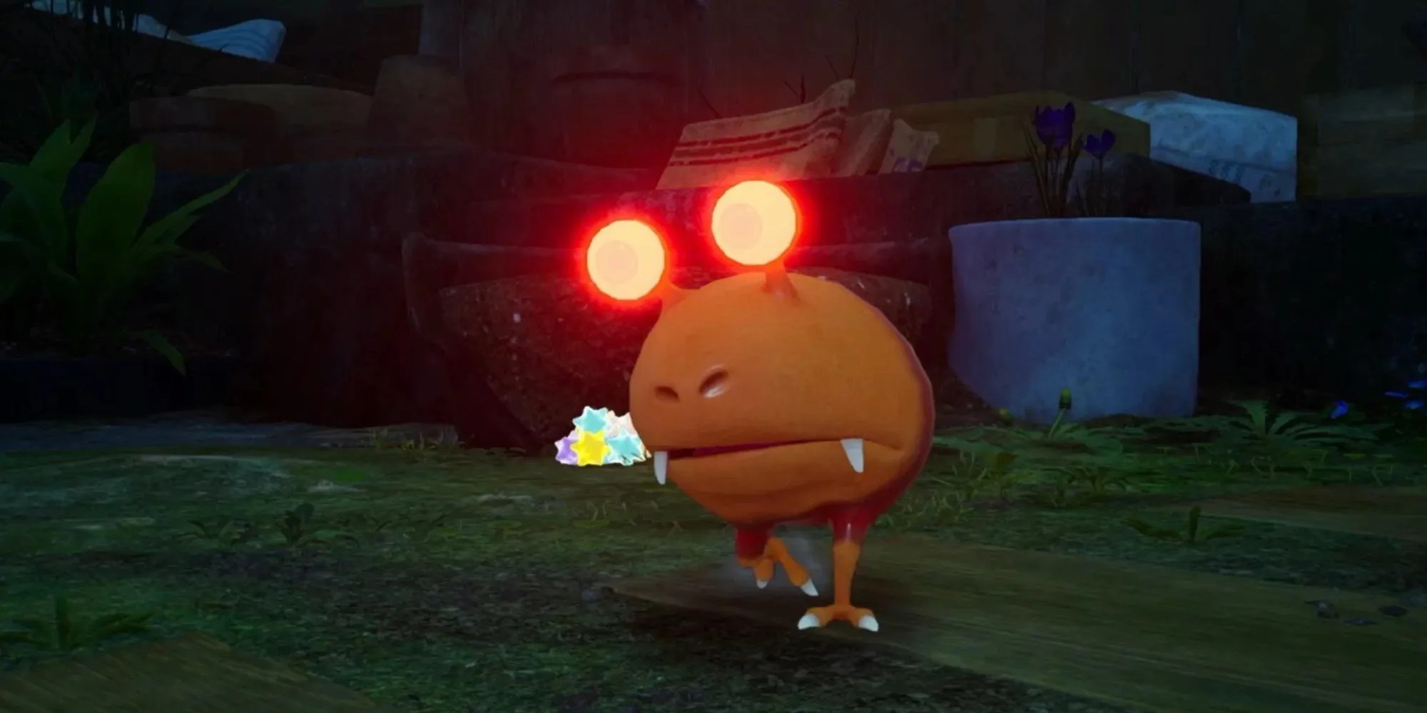 A screenshot from Pikmin 4 depicting a Red Bulborb with glowing red eyes at night.