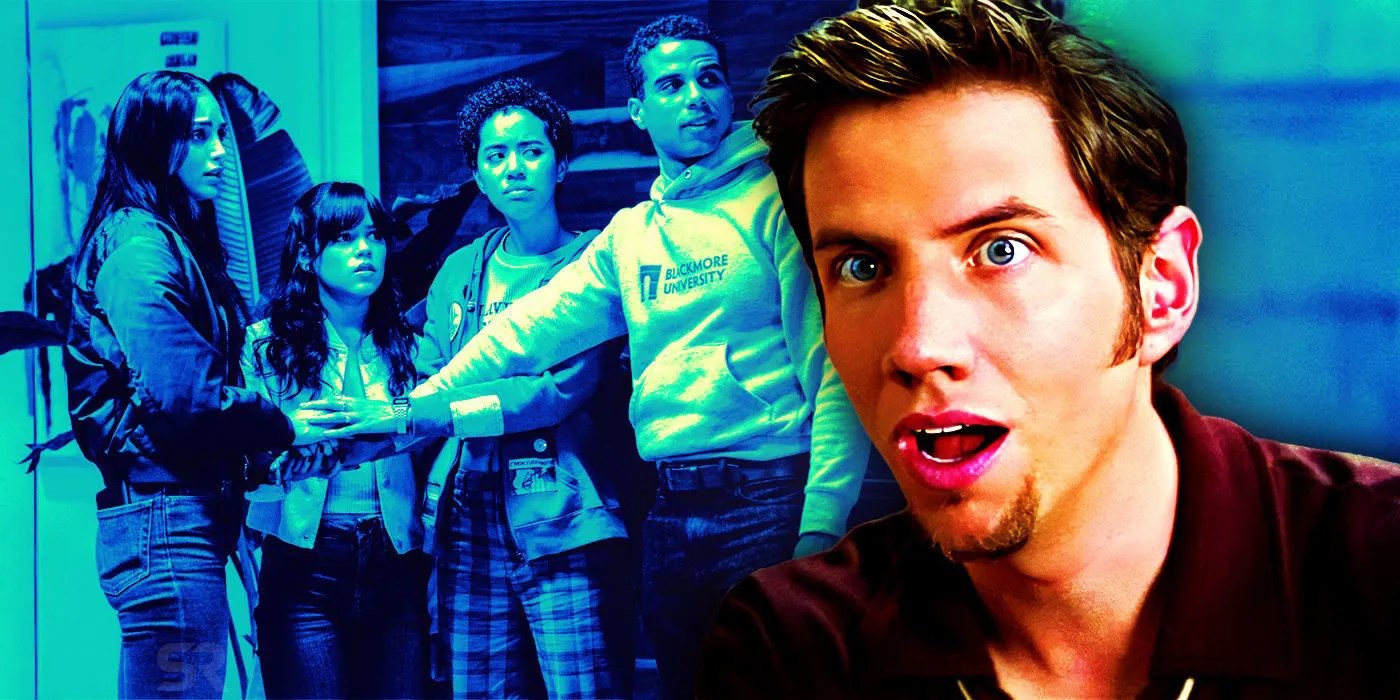 Randy covering the rules in Scream 2, with the core 4 in Scream 6 behind him