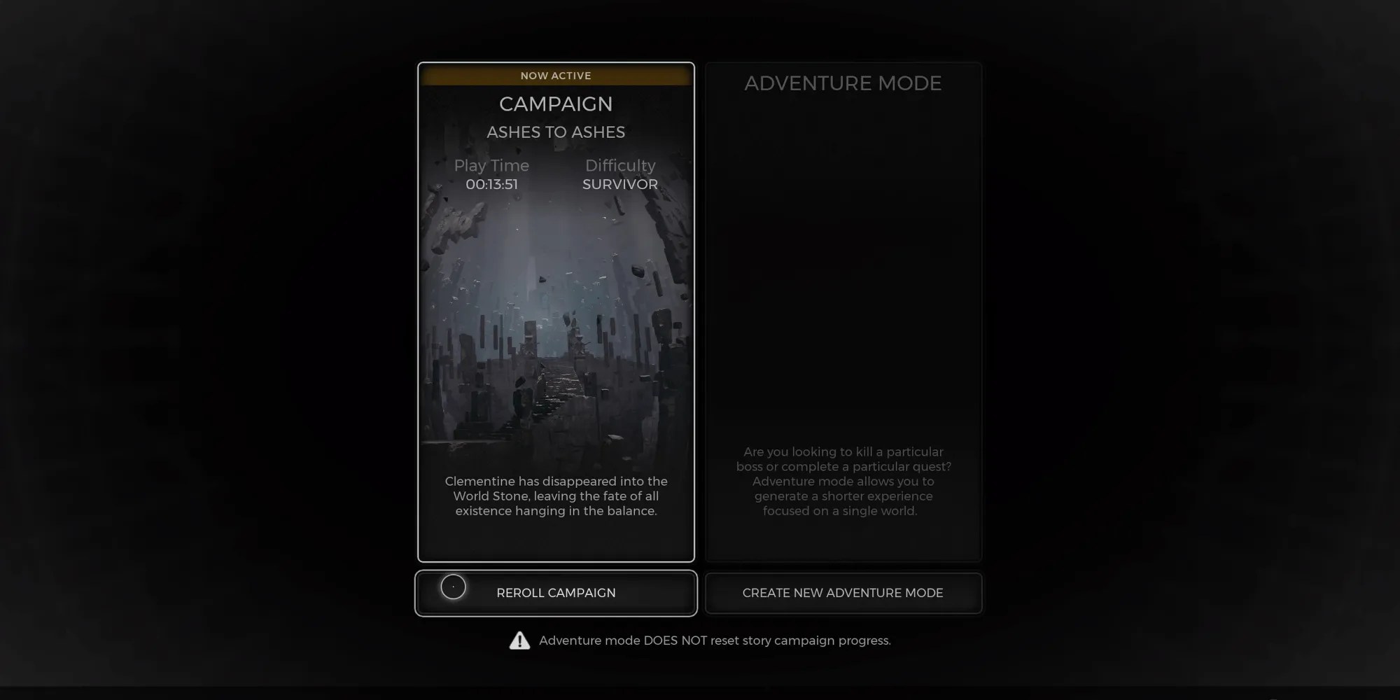 The world reroll menu from Remnant 2