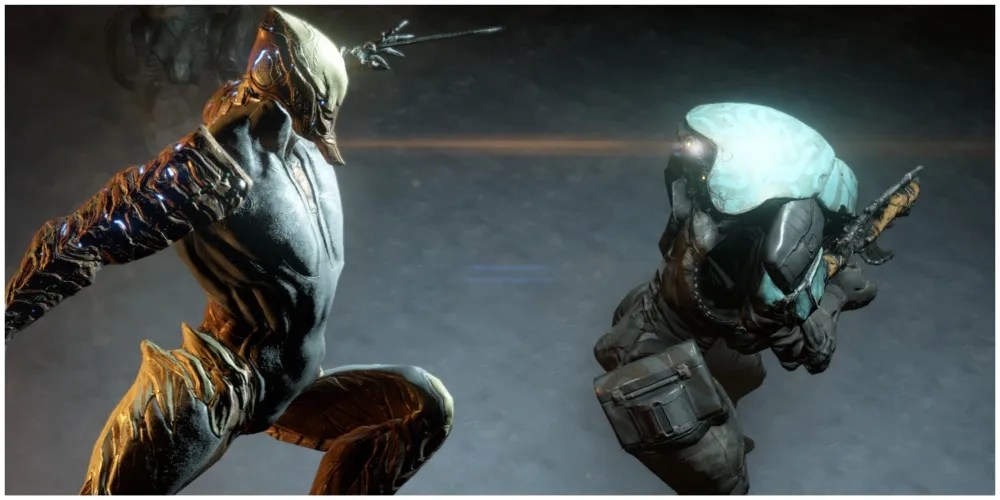 Ash Warframe pounces on Grineer Trooper with his Parazon blade.