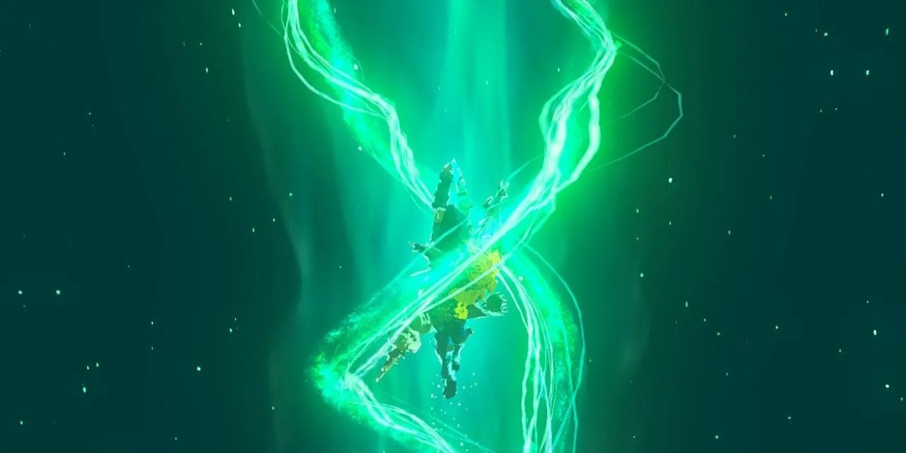 Link swimming up while using his Ascend ability in The Legend of Zelda: Tears of the Kingdom