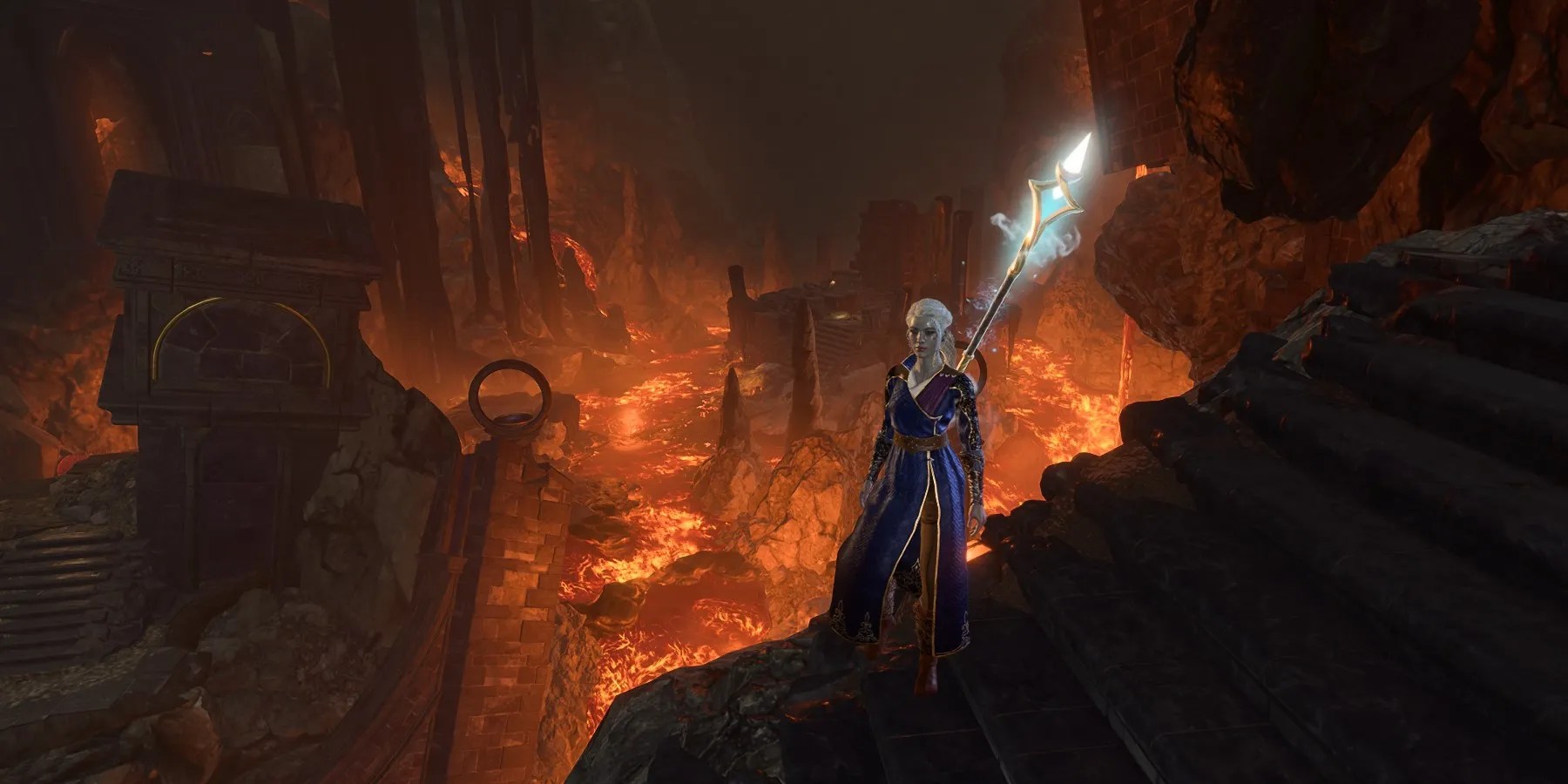 A wizard wielding the Mourning Frost Staff in the Grymforge in Baldur&rsquo;s Gate 3