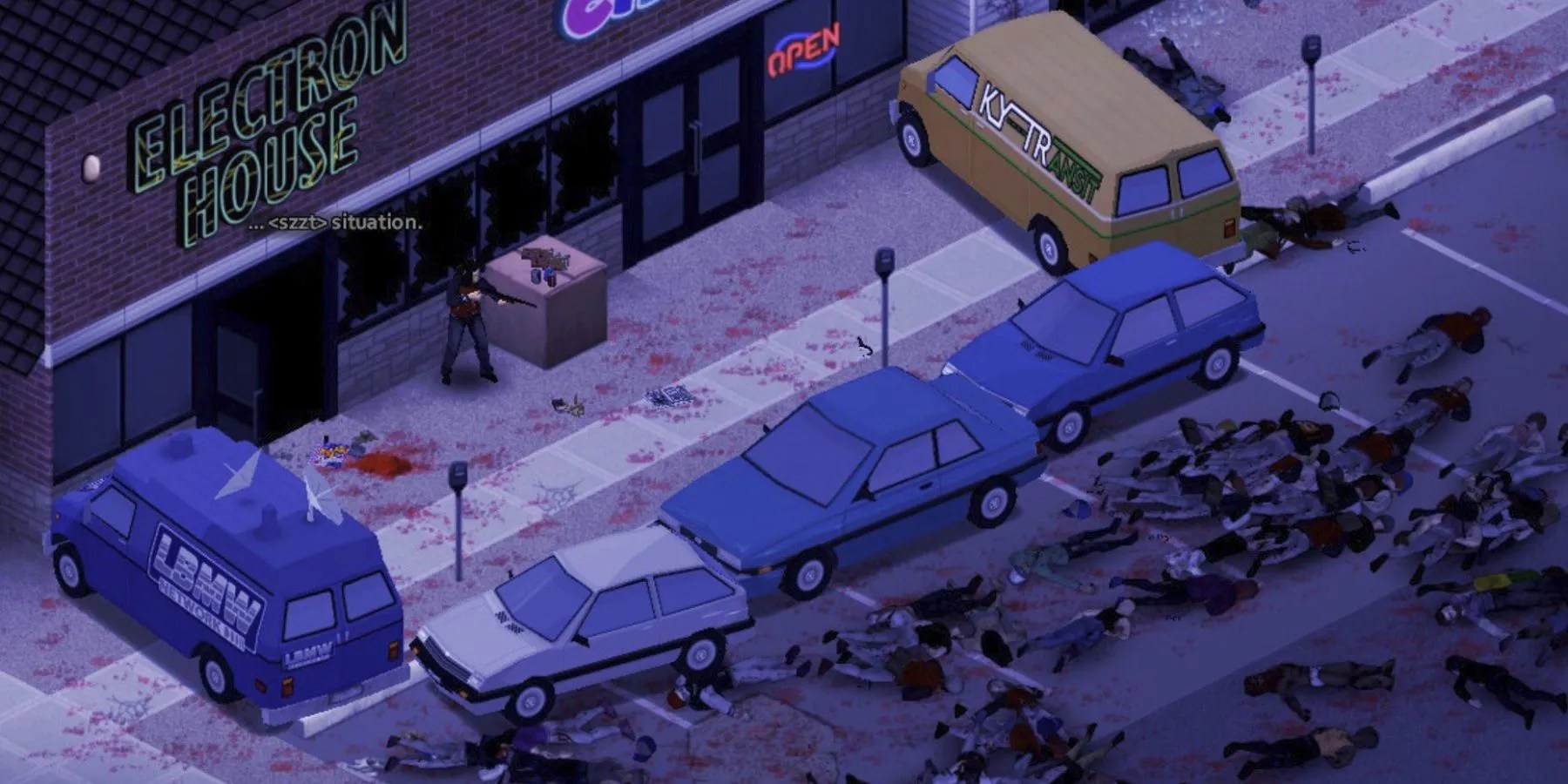 A survivor holding out against a horde of zombies outside of a store