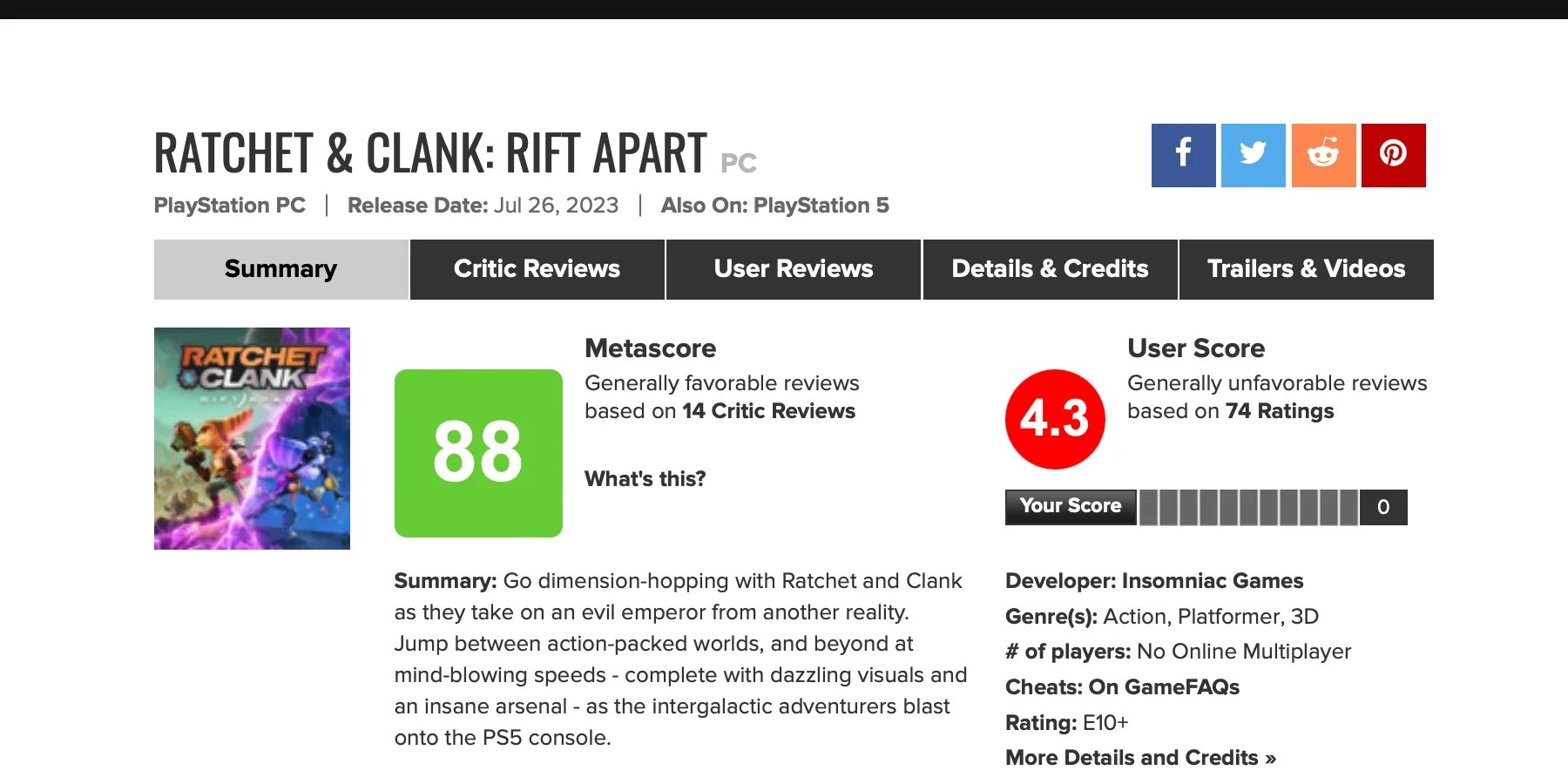 ratchet &amp; clank rift apart PC port metacritic
