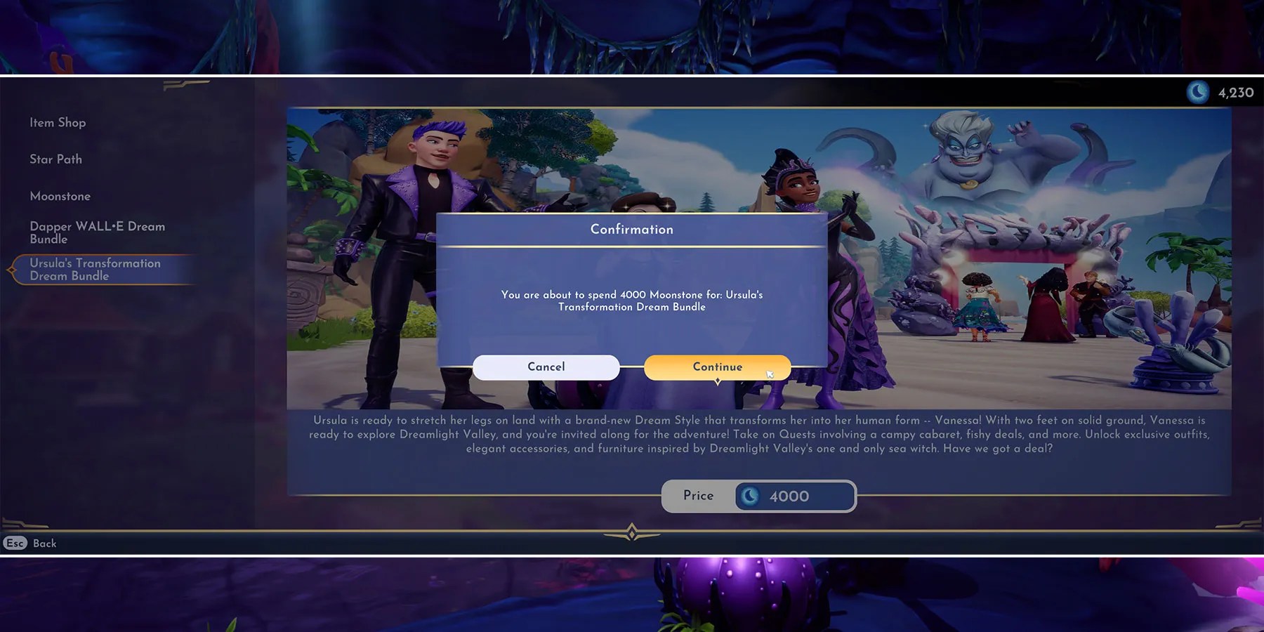 Purchasing Ursula&rsquo;s Transformation Dream Bundle in Disney Dreamlight Valley