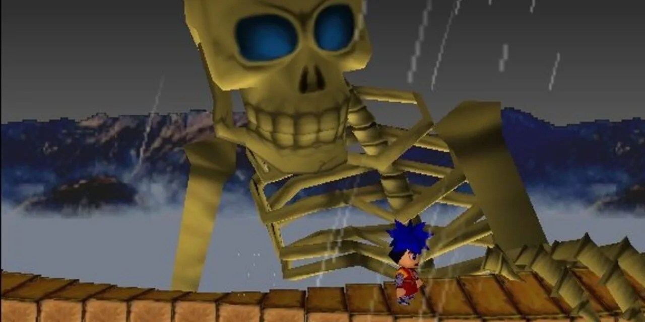 A giant skeleton staring down at Goemon as he walks across a shaky bridge in Goemon&rsquo;s Great Adventure
