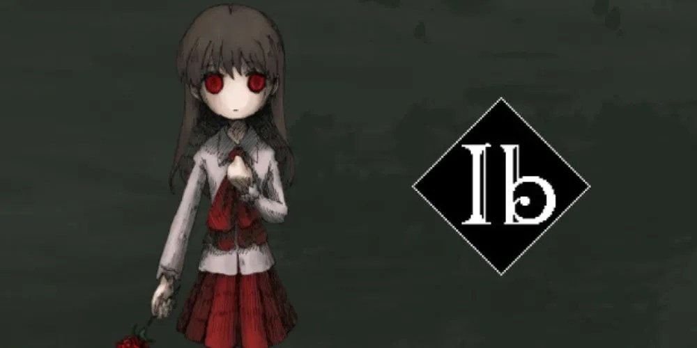 Ib game cover, with Ib stood to the left holding a rose in one hand, the title text is to her right