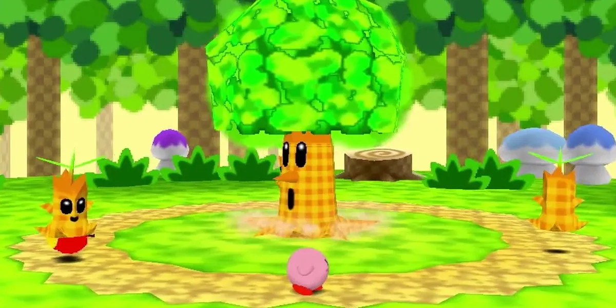 Kirby facing off against Whispy Woods in Kirby 64: The Crystal Shards