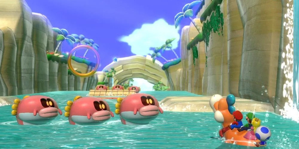 Mario, Luigi, Peach, and Toad riding Plessie in Super Mario 3D World