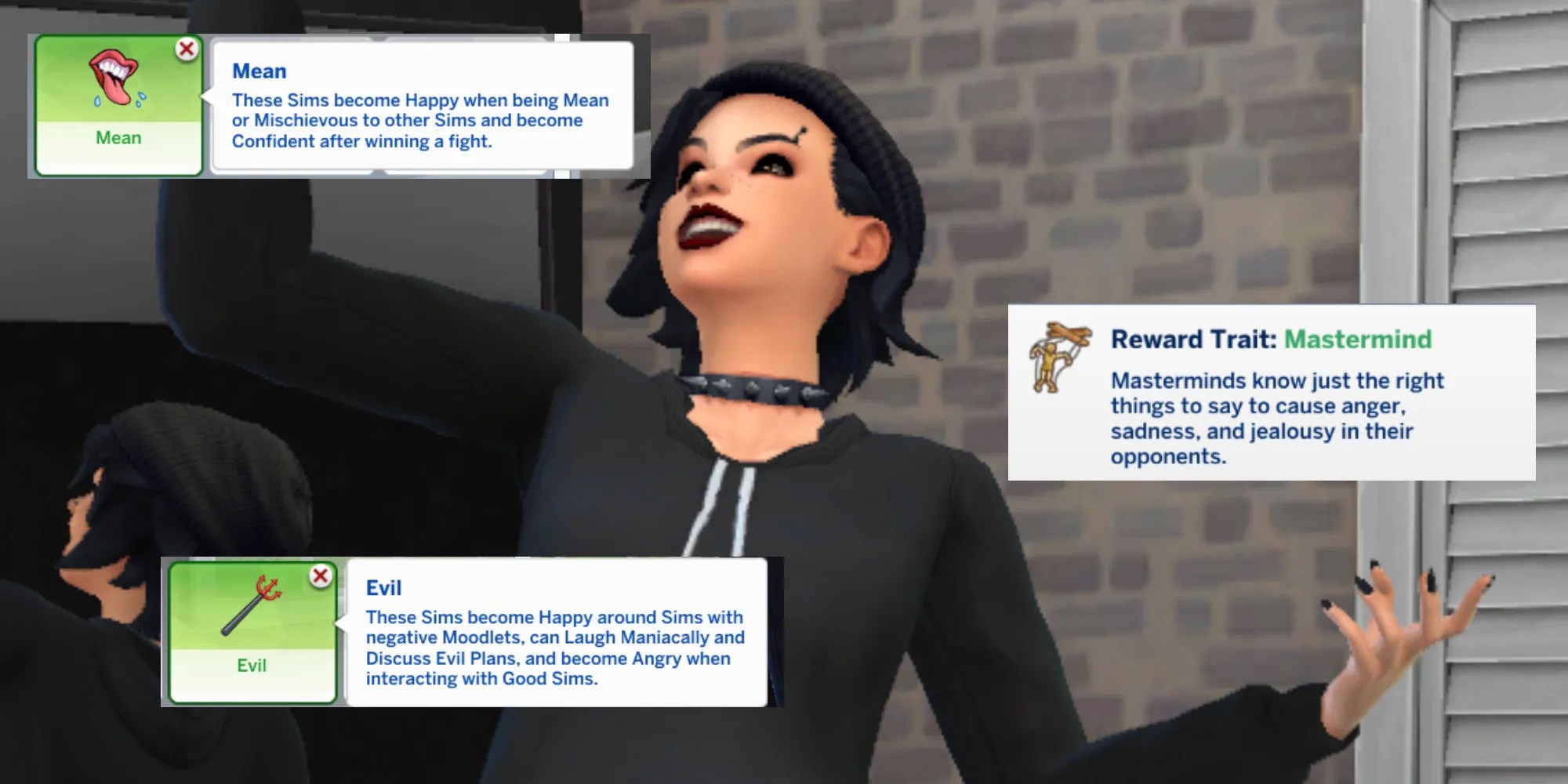 An evil Sim selects the traits Evil, Mean, and Mastermind