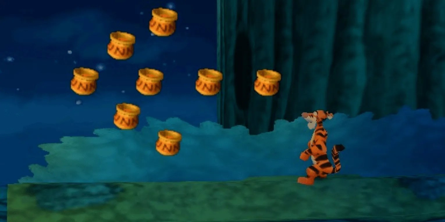 An arrow made of Honey Pots that Tigger is walking towards in Tigger&rsquo;s Honey Hunt