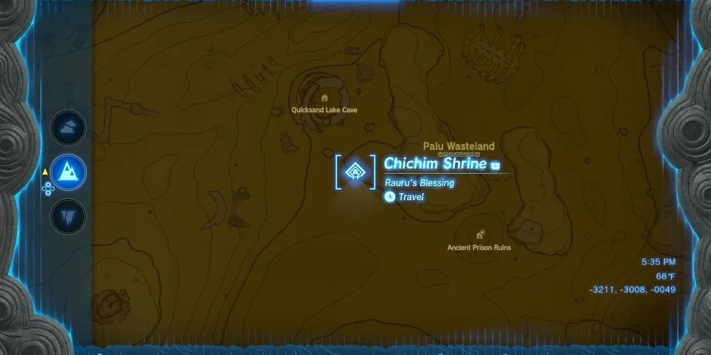 Tears of the Kingdom&rsquo;s Hyrule map showing the location of Chichim Shrine in the Gerudo Desert, near Palu Wasteland.