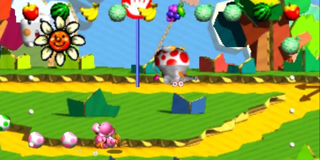 A pink Yoshi running with eggs behind them with fruit surrounding the screen in Yoshi&rsquo;s Story