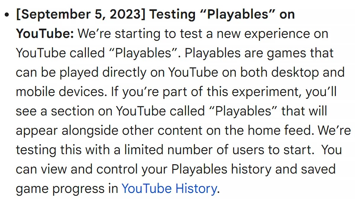 YouTube Playables community update testing announcement September 5 2023