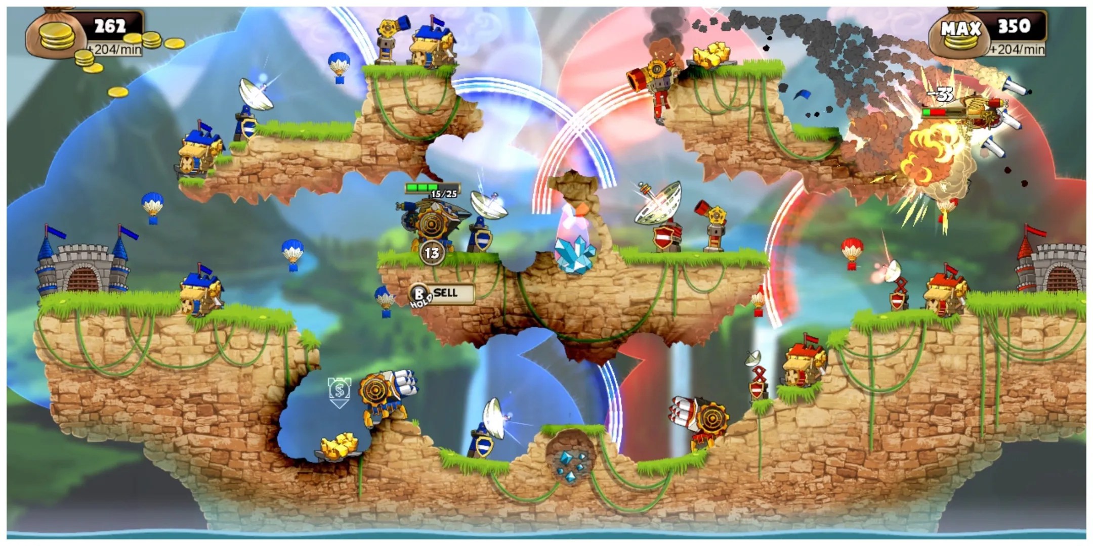 Mid combat in Cannon Brawl. The map has craters in it.