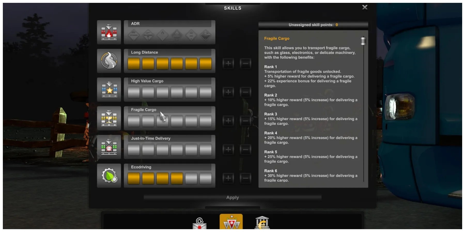 A screen showing the ranks of the Fragile Cargo skill in Euro Truck Simulator 2