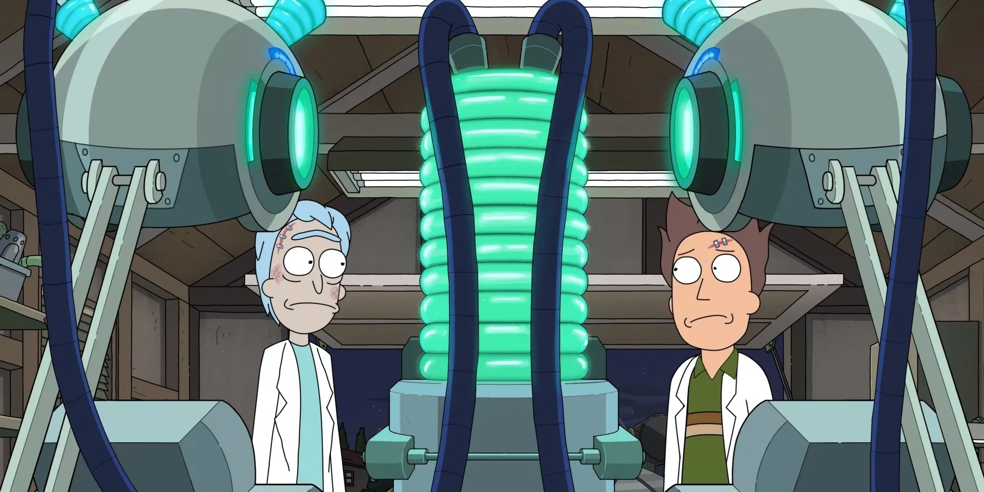 Rick and Jerry in the garage in Rick and Morty