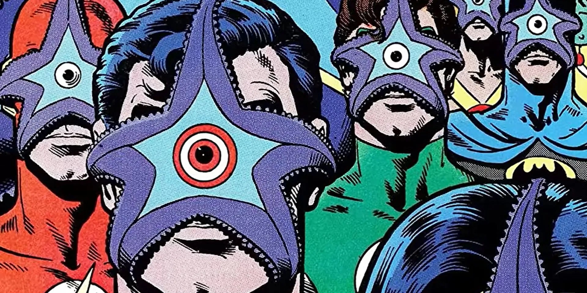 An Image of Starro attached to the heads of most members in the Justice League