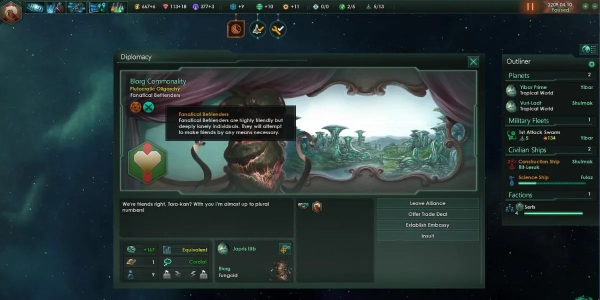 A picture of Stellaris AI Personality, Fanatical Befrienders